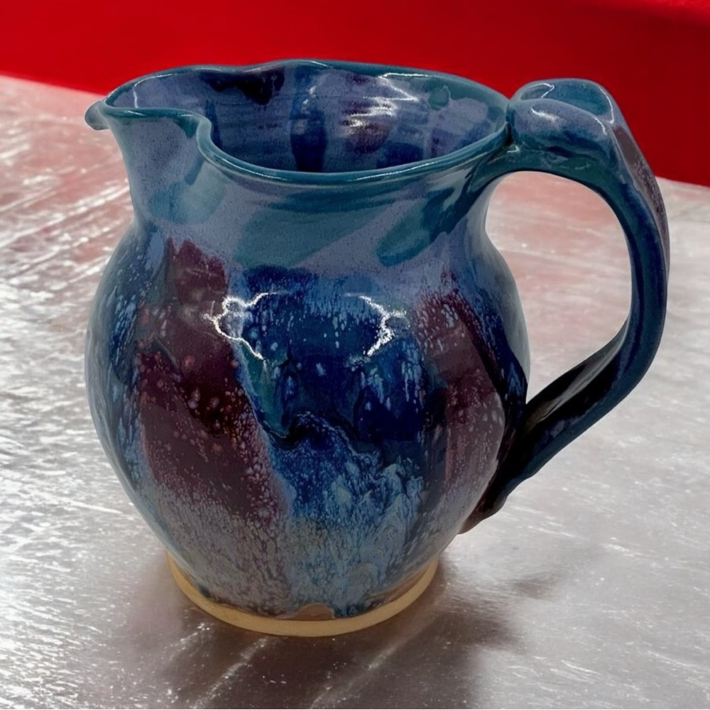Vintage Mid-Century-Modern Handmade Studio Pottery Pitcher Blue Colored Signed - Picture 8 of 9